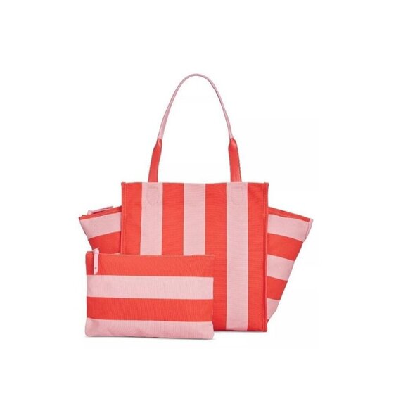 Macy's On 34th Cynthiah canvas extra large tote + pouch 2 PIECE SET -Pink/White - Picture 1 of 16